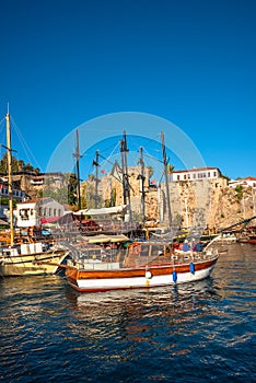 Beautiful view of old harbor and downtown called Marina in Antalya, Turkey, summer