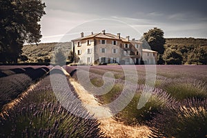 Beautiful view of old house in Provence on a bright sunny day with a lavender field in the foreground.Generative AI