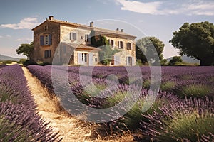 Beautiful view of old house in Provence on a bright sunny day with a lavender field in the foreground.Generative AI