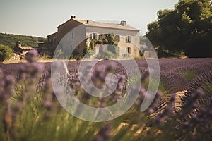 Beautiful view of old house in Provence on a bright sunny day with a lavender field in the foreground.Generative AI
