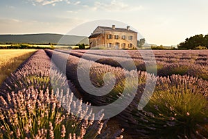 Beautiful view of old house in Provence on a sunny day with a lavender field in the foreground.Generative AI