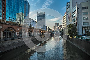 Beautiful view of the Old Manseibashi Station by the canal captured in Japan, Tokyo