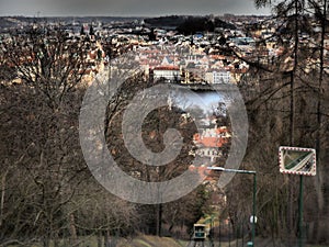 Beautiful view of old Prague and see the cable car that goes to Petrin