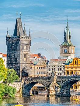 Beautiful view with Old Town Bridge Tower and Charles Bridge in Prague, a major touristic attraction