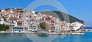Beautiful view of old town and harbor of Skopelos Island, Northern Sporades islands, Greece photo