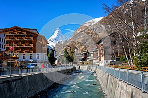 Beautiful view of old village with Matterhorn peak background in Zermatt, Switzerland