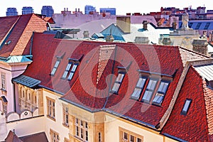 Beautiful view of old vintage  building with red roof