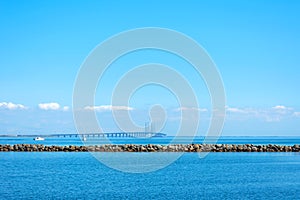 Beautiful view of the Oresund Tunnel Bridge, between Copenhagen and Malmo. Architecture. Sights.