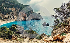 Beautiful view over the sea beach in Kerkyra island. Wonderful morning seascape of Ionian Sea, Corfu island. Aerial summer view of