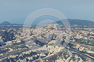 Beautiful view over the town of Uchisar, at the Pigeon Valley, Cappadocia, Turkey