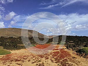 Beautiful view overlooking rusty red desert, distant mountains in Fuerteventura island, Canaries, Spain