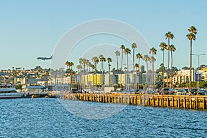 Beautiful view of Pacific Promenade in Embarcadero Marina Park North in San Diego.