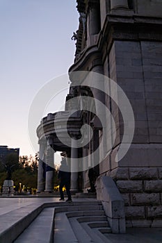 Beautiful view of Palace of Fine Arts from Mexico City under sunset sky