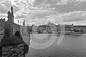 Black and white view of Old Town of Prague with Charles bridge