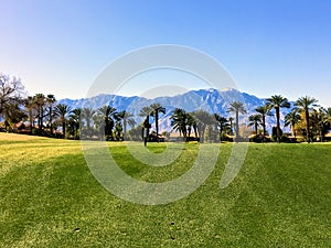 A beautiful view of a par 4 surrounded by mountains and palm trees in the background on the desert oasis of Palm Spri