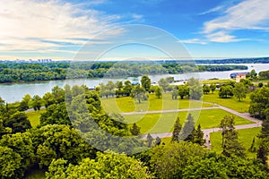 Beautiful view of the park near the fortress Kalemegdan over the river Savva in Belgrade, Serbia