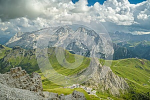 Beautiful view on Passo Pordoi and Marmolada peak in Dolomites