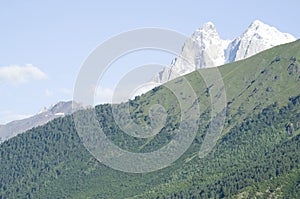 Beautiful view of peak Ushba from village Zhabeshi , Georgia photo