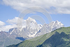 Beautiful view of peak Ushba from village Zhabeshi , Georgia, Europe photo