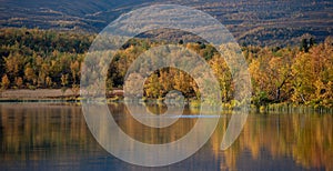 Calm lake reflection in mountain landscape