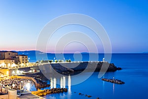 Beautiful view of Piazza Bovio at sunrise, Piombino, Tuscany, Italy