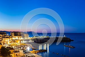 Beautiful view of Piazza Bovio at sunrise, Piombino, Tuscany, Italy