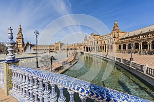 Beautiful view of the Plaza de EspaÃ±a with its canal and its blue mosaic bridge