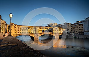 Beautiful view of Ponte Vecchio Closed-spandrel arch bridge over Arno river in Florence, Italy