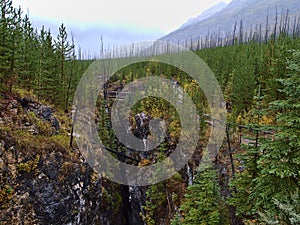 Beautiful view of popular gorge Marble Canyon in Kootenay National Park, Rocky Mountains, Canada in autumn with deep ravine.