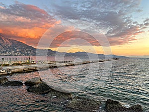 Beautiful view by the port of the seaside city Kalamata in Messenia, Peloponnese, Greece