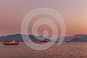 Beautiful view of the port of ships at sunset. Marmaris, Turkey