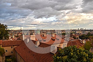Beautiful view on Prague and the old town on a cloudy day before sunset.