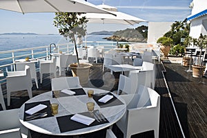 Beautiful view of Provencal restaurant overlooking the Mediterranean at daytime