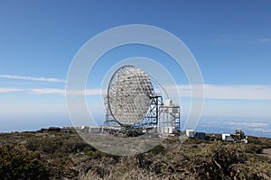 Beautiful view of Radio telescope against the blue sky in Roque de los Muchachos La Palma Canarias