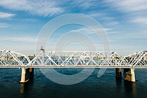 Beautiful view on Railway Bridge over the River Yenisei in Krasnoyarsk krai, Russia.