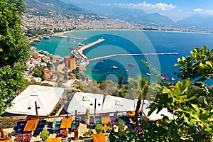 Beautiful view of Red Tower and Alanya Harbor in hot summer day