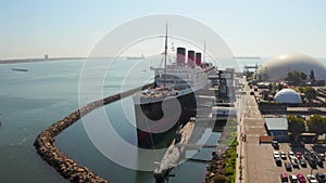 Beautiful view of RMS Queen Mary ocean liner in Long Beach, Los Angeles.
