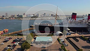 Beautiful view of RMS Queen Mary ocean liner in Long Beach, Los Angeles.