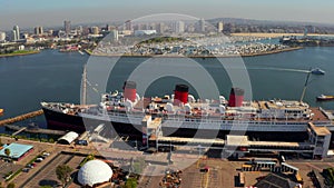 Beautiful view of RMS Queen Mary ocean liner in Long Beach, Los Angeles.