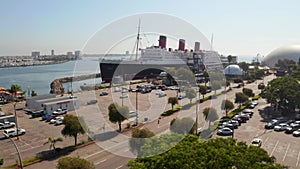 Beautiful view of RMS Queen Mary ocean liner in Long Beach, Los Angeles.