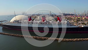 Beautiful view of RMS Queen Mary ocean liner in Long Beach, Los Angeles.