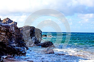 Beautiful view of rock formation and ocean in Hawaii