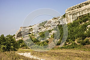 Beautiful view of rocks and fields. trail around the cave city of Chufut-Kale.