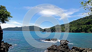 Beautiful view of rocky beach island in Weh island. Beach landscape of Sabang island, Indonesia.