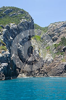 Beautiful view of the rocky shoreline of Arraial do Cabo in Rio de Janeiro, Brazil