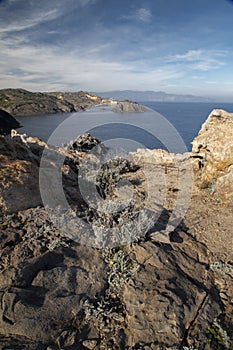 Beautiful view of the rocky shoreline and blue waters. Cap de Creus, Catalonia photo