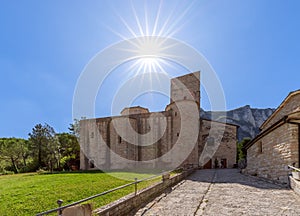 Beautiful view of Roman Catholic abbey San Vittore alle Chiuse in the comune of Genga, Marche, Italy photo
