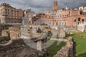 Beautiful view of Rome in Italy. Ancient historical ruins, famous monuments, alley`s and streets