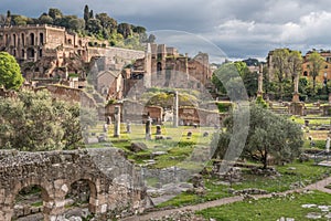 Beautiful view of Rome in Italy. Ancient historical ruins, famous monuments, alley`s and streets