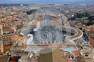 Beautiful view of Rome and St Peters Square from the dome of St Peter`s Basilica in Rome in Italy
